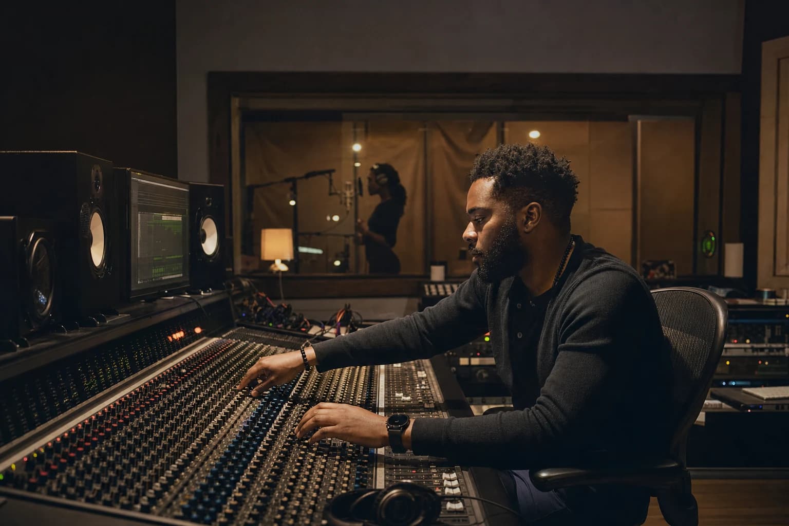 Producer making detailed mix adjustments in a professional recording studio